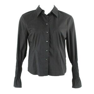 Worthington Stretch Sz 16 Black Button Front Smock Sleeve Cotton Blend Top
